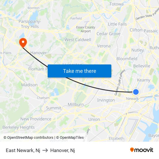 East Newark, Nj to Hanover, Nj map