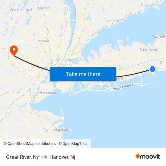 Great River, Ny to Hanover, Nj map
