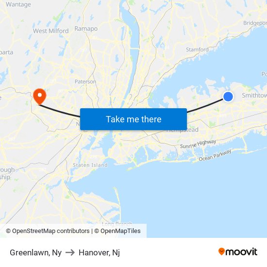 Greenlawn, Ny to Hanover, Nj map