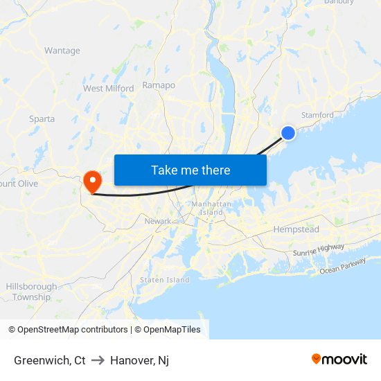 Greenwich, Ct to Hanover, Nj map