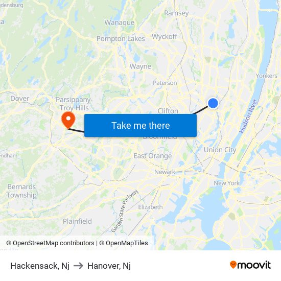 Hackensack, Nj to Hanover, Nj map