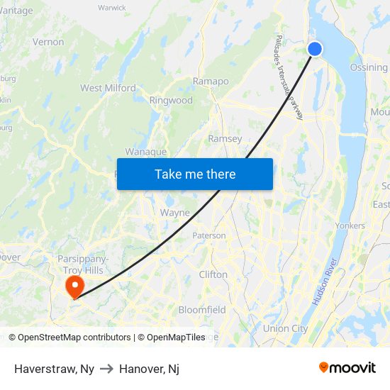 Haverstraw, Ny to Hanover, Nj map