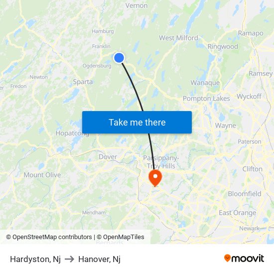 Hardyston, Nj to Hanover, Nj map