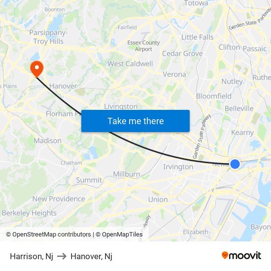 Harrison, Nj to Hanover, Nj map