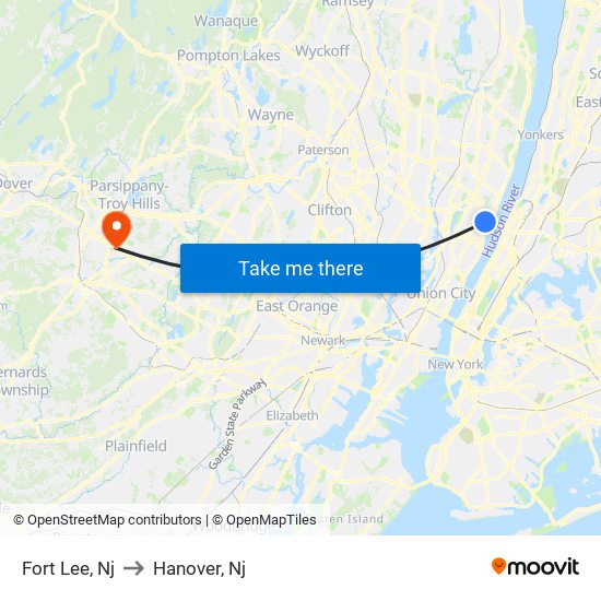 Fort Lee, Nj to Hanover, Nj map
