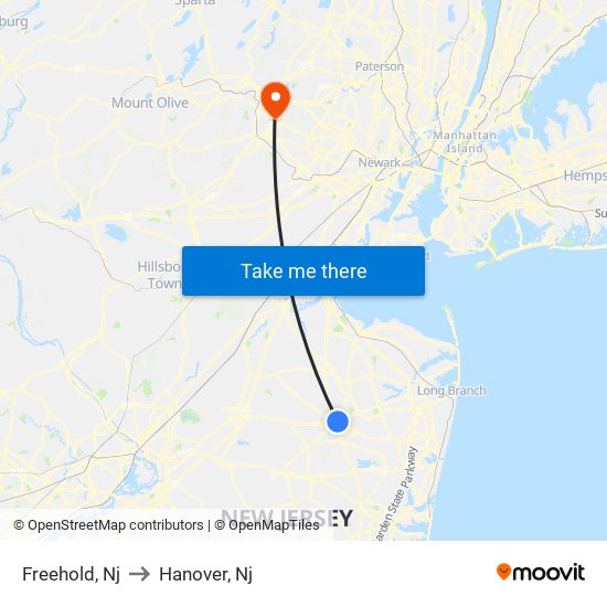 Freehold, Nj to Hanover, Nj map