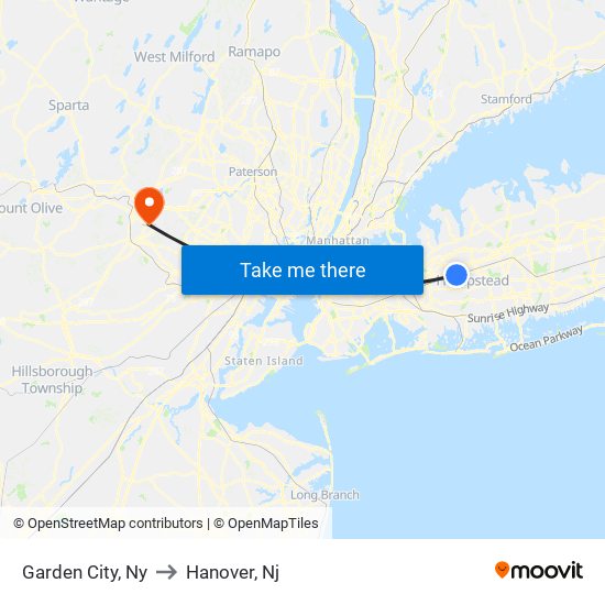 Garden City, Ny to Hanover, Nj map