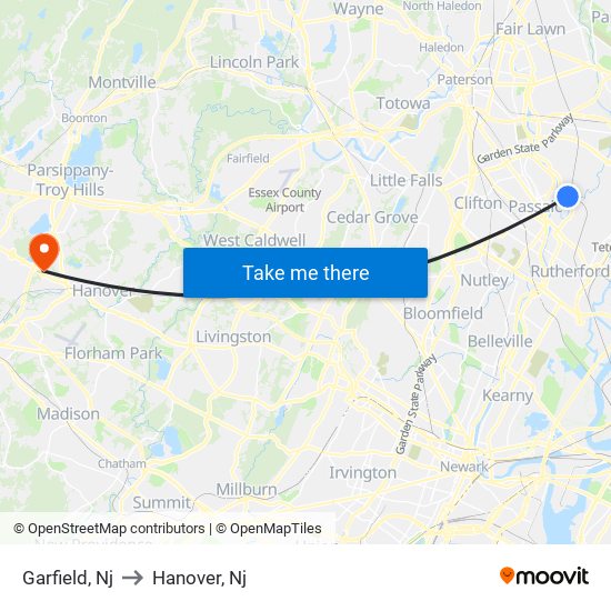 Garfield, Nj to Hanover, Nj map