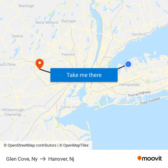 Glen Cove, Ny to Hanover, Nj map