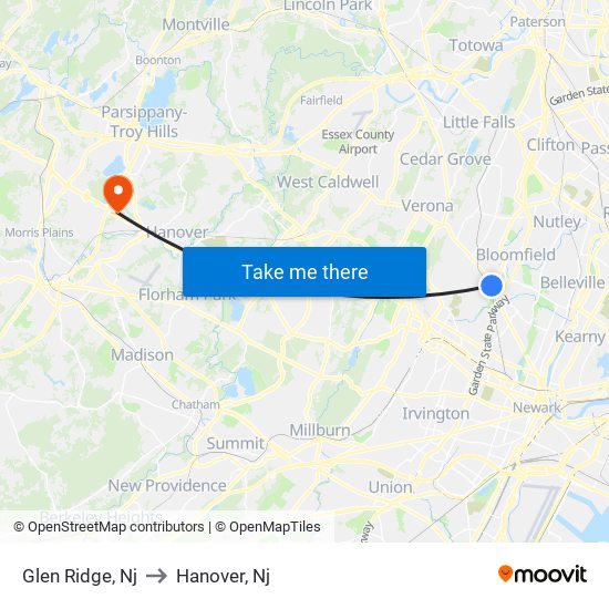 Glen Ridge, Nj to Hanover, Nj map