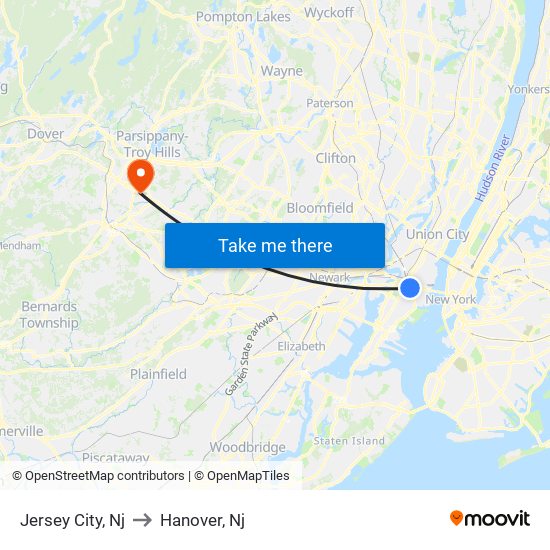 Jersey City, Nj to Hanover, Nj map