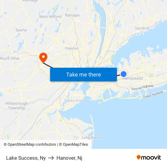 Lake Success, Ny to Hanover, Nj map