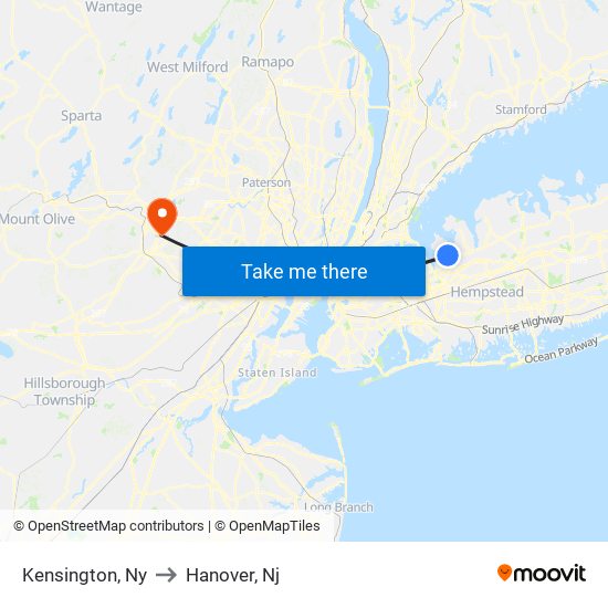Kensington, Ny to Hanover, Nj map