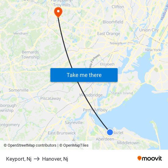 Keyport, Nj to Hanover, Nj map