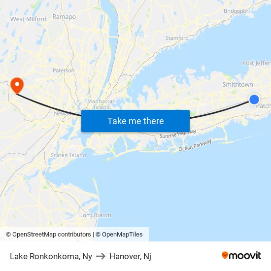 Lake Ronkonkoma, Ny to Hanover, Nj map
