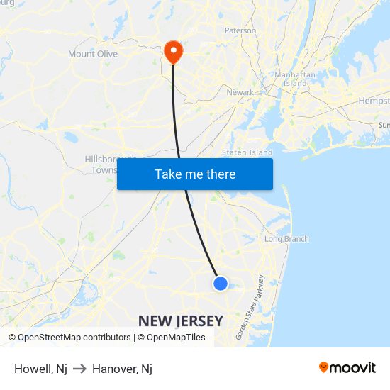 Howell, Nj to Hanover, Nj map