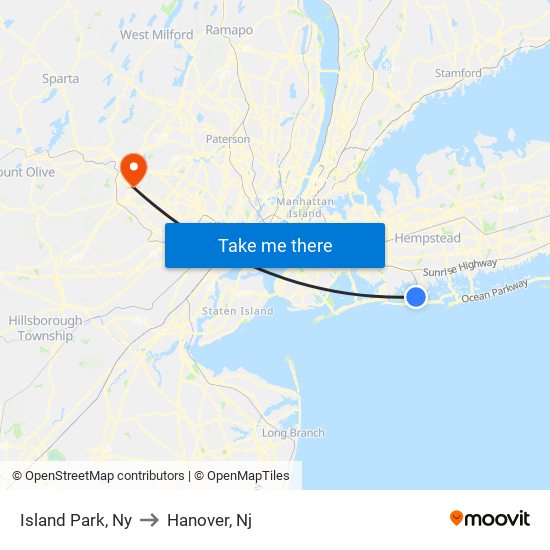 Island Park, Ny to Hanover, Nj map