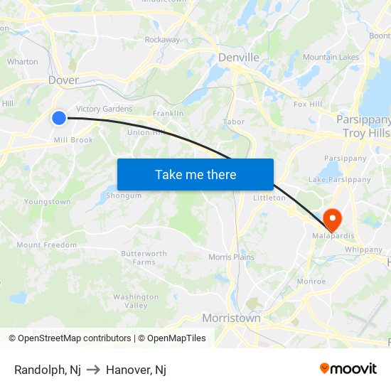 Randolph, Nj to Hanover, Nj map