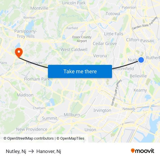 Nutley, Nj to Hanover, Nj map