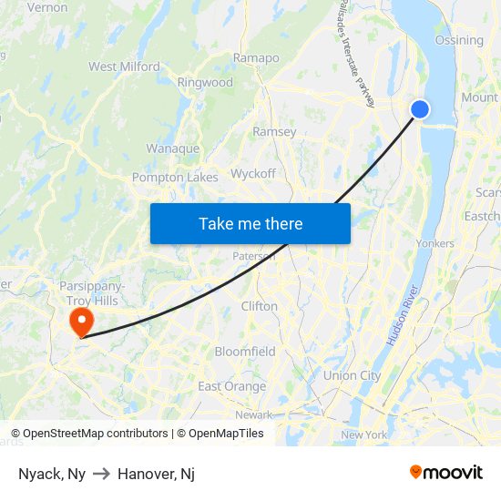Nyack, Ny to Hanover, Nj map