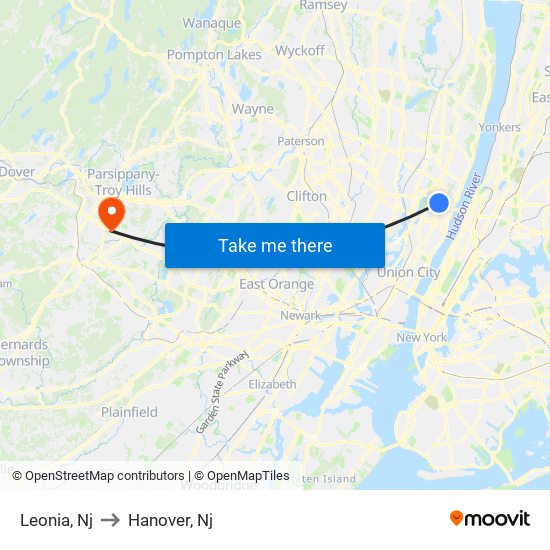 Leonia, Nj to Hanover, Nj map
