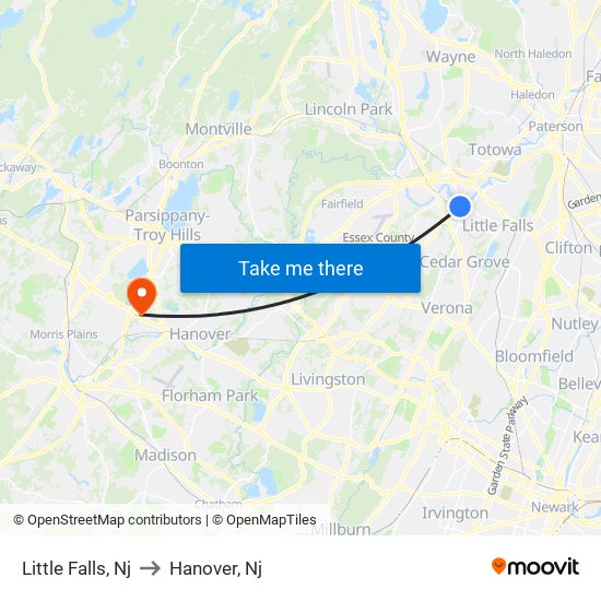 Little Falls, Nj to Hanover, Nj map