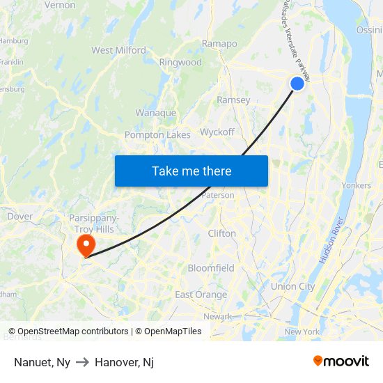 Nanuet, Ny to Hanover, Nj map