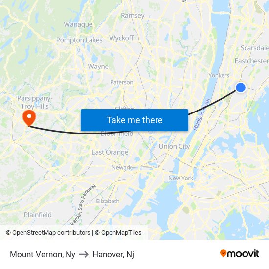 Mount Vernon, Ny to Hanover, Nj map