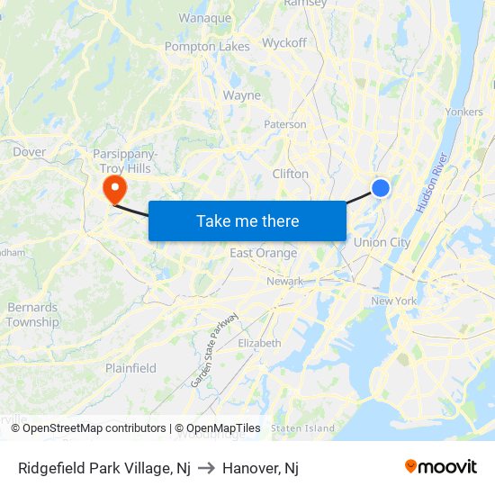 Ridgefield Park Village, Nj to Hanover, Nj map