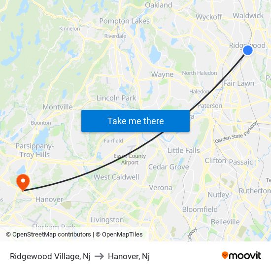Ridgewood Village, Nj to Hanover, Nj map