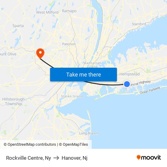 Rockville Centre, Ny to Hanover, Nj map