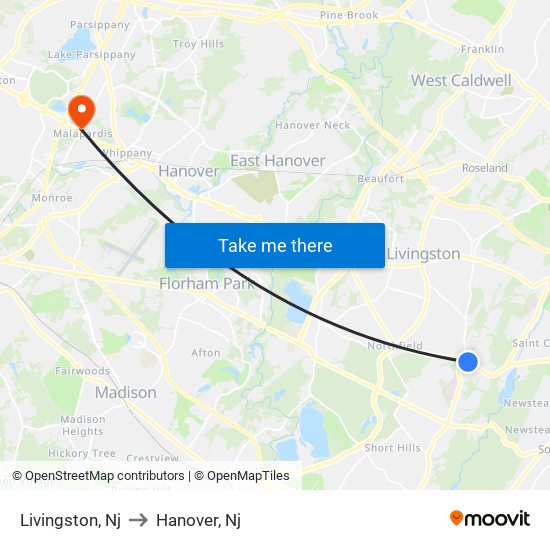 Livingston, Nj to Hanover, Nj map