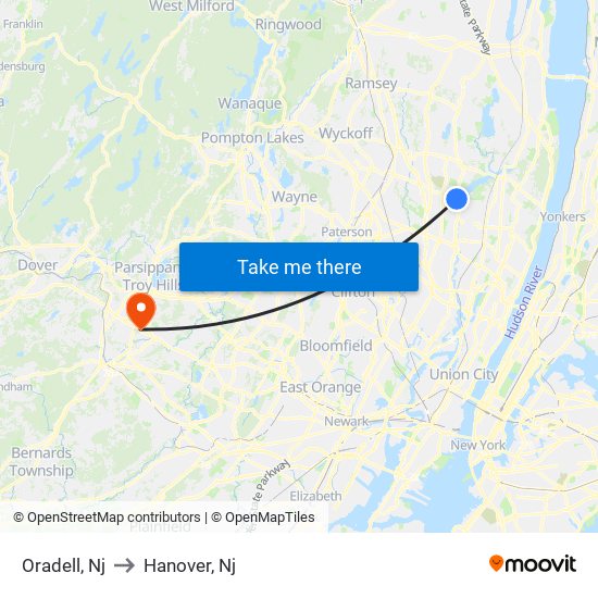 Oradell, Nj to Hanover, Nj map