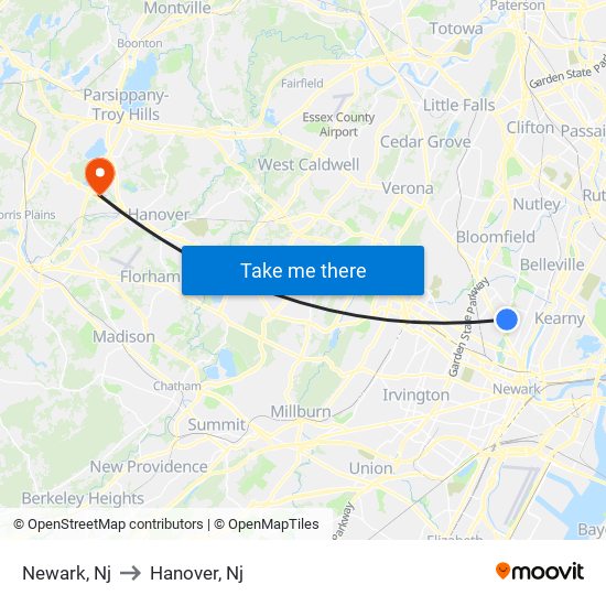 Newark, Nj to Hanover, Nj map