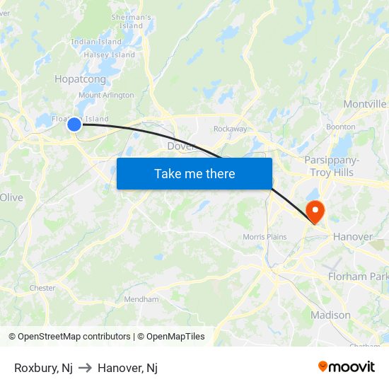 Roxbury, Nj to Hanover, Nj map