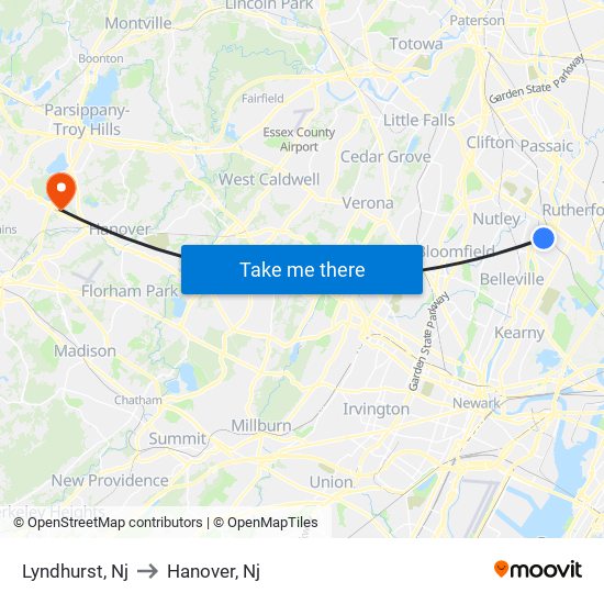 Lyndhurst, Nj to Hanover, Nj map
