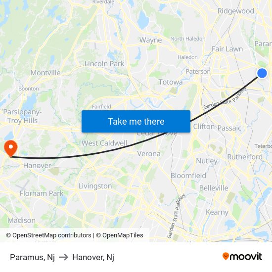 Paramus, Nj to Hanover, Nj map