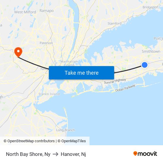 North Bay Shore, Ny to Hanover, Nj map