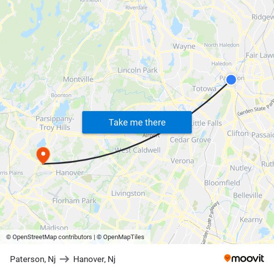 Paterson, Nj to Hanover, Nj map