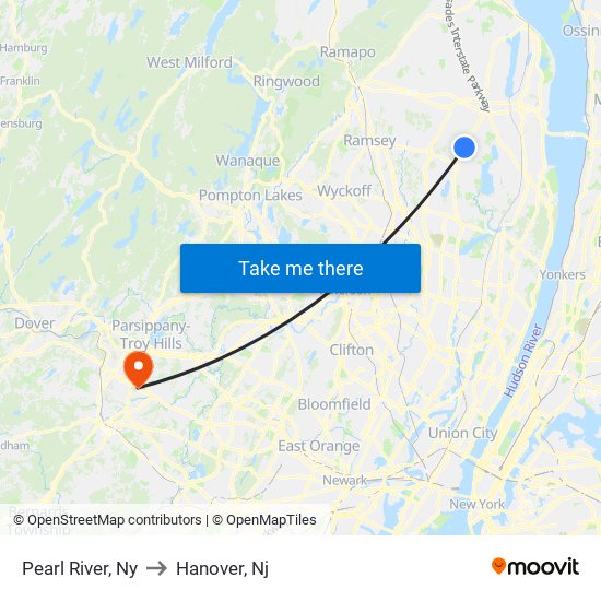Pearl River, Ny to Hanover, Nj map