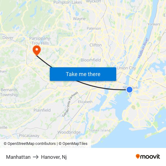 Manhattan to Hanover, Nj map