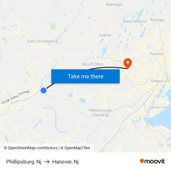 Phillipsburg, Nj to Hanover, Nj map