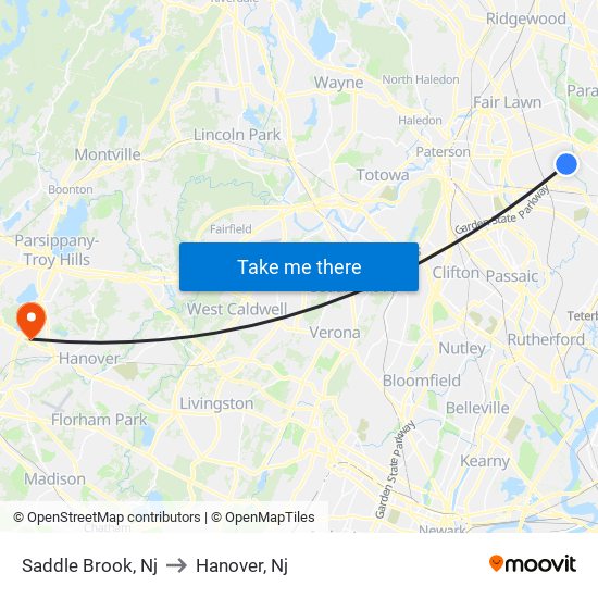 Saddle Brook, Nj to Hanover, Nj map