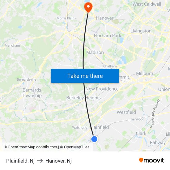 Plainfield, Nj to Hanover, Nj map