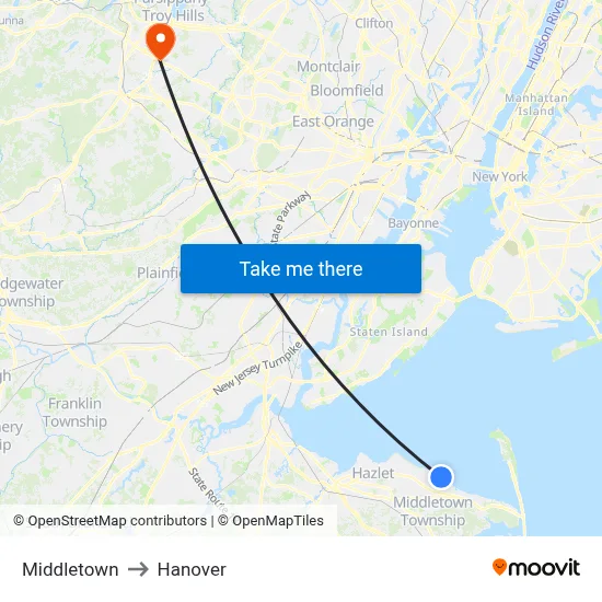 Middletown to Hanover map