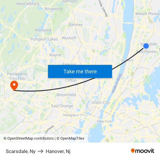 Scarsdale, Ny to Hanover, Nj map