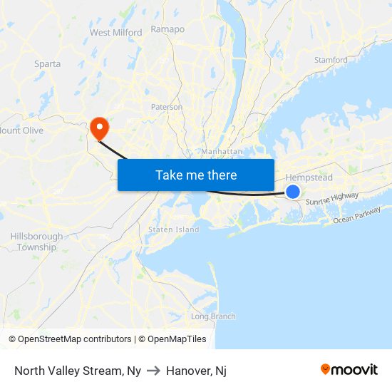 North Valley Stream, Ny to Hanover, Nj map