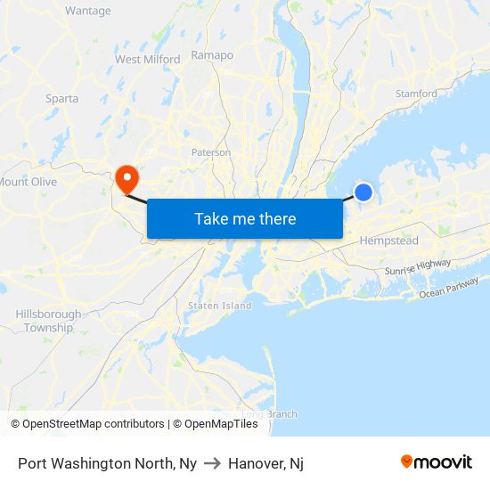Port Washington North, Ny to Hanover, Nj map