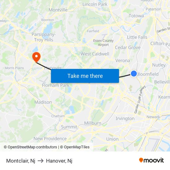 Montclair, Nj to Hanover, Nj map