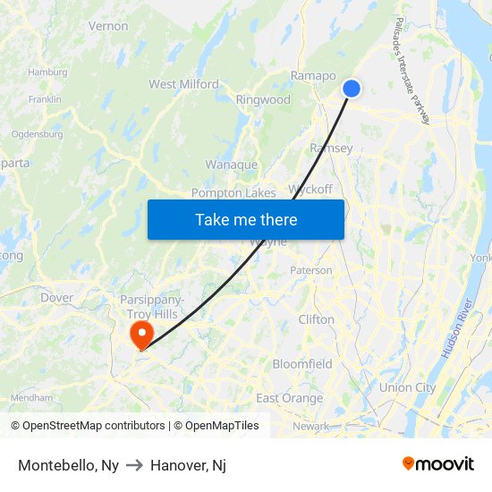 Montebello, Ny to Hanover, Nj map